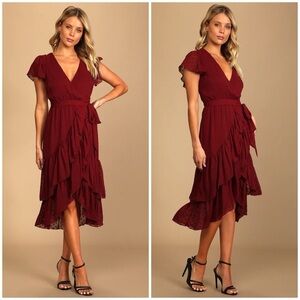 Lulu's Have Harmony Burgundy Swiss Dot Ruffled Faux Wrap Midi Dress